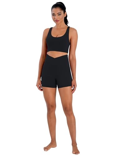 Sunzel Women's High Waist Crossover Workout Shorts - 4 Inch Inseam, Medium, Black