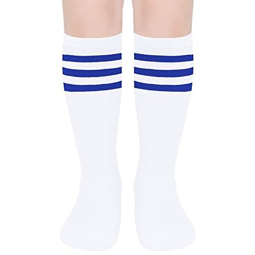 Kids Soccer Socks - Knee High Tube Socks for 3-6 Years - White Blue Stripes