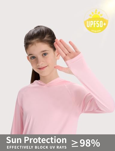 Girls' Hooded Rash Guard Swim Shirt - Pink, UPF 50+ - Large