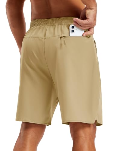 Men's 7" Khaki Athletic Workout Shorts with 3 Zipper Pockets - Medium