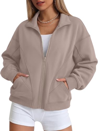 Rexley Women's Zip Up Sweatshirt 2026 Y2K Oversized Fleece Collar Jacket – Medium, Nude Pink