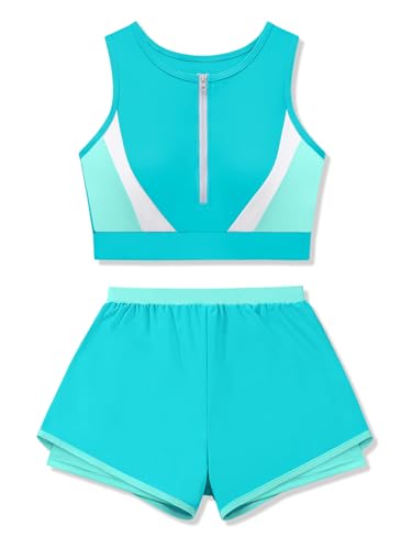 Girls 2-Piece Color Block Zipper Front Swimsuit - Blue 11-12 Years