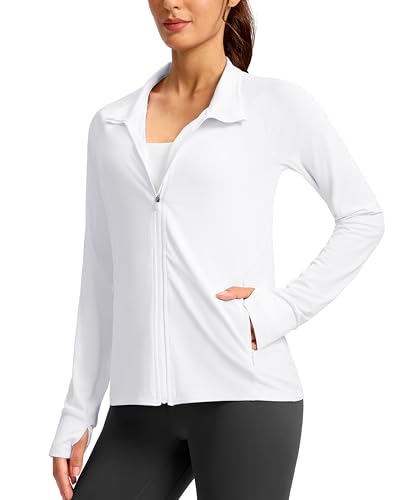 Women's Athletic Jacket - Lightweight Zip-Up, UPF 50+, Medium/White