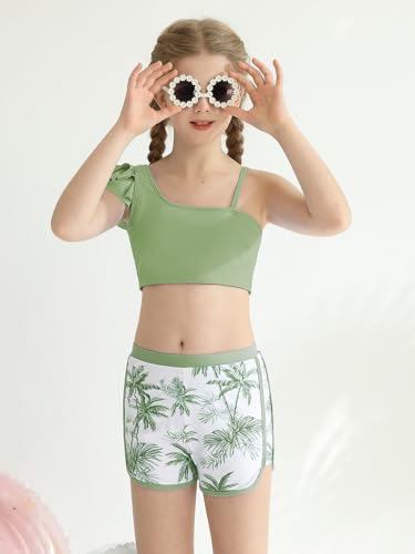 Girls 3-Piece Ruffled Bikini Swimwear Set with Shorts - 15-16 Years Light Green