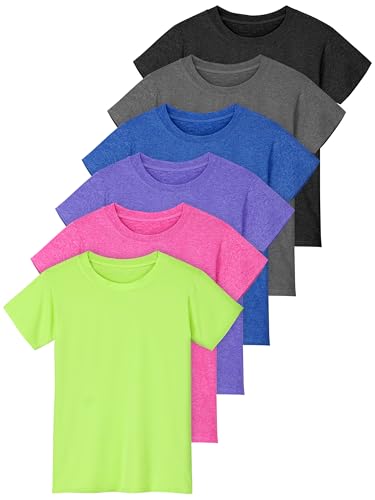 Poroka Girls' Athletic Short Sleeve T-Shirts 6-Pack, Dry Fit Tops for Ages 7-14