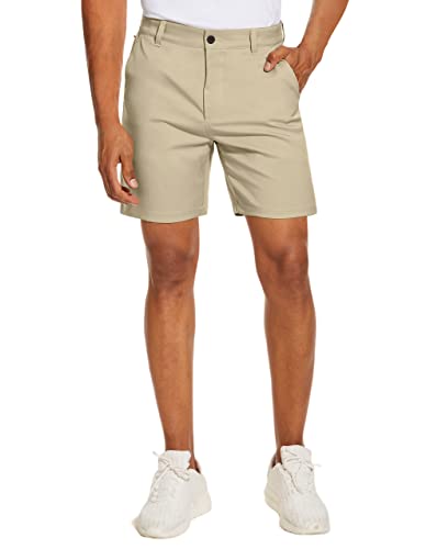 Men's Golf Dress Shorts - Flat Front Hybrid 7 Inch, Khaki - 5 Pockets