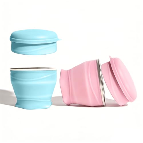 2-Pack Silicone Folding Travel Cups with Lids - Blue & Pink, 6oz Portable Drinking Cups