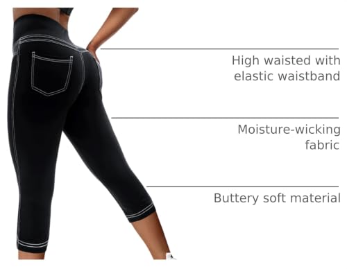 VOOVEEYA Women's High-Waisted Curvy Yoga Leggings with Back Pockets - Capri-19 Inseam, Large, Black