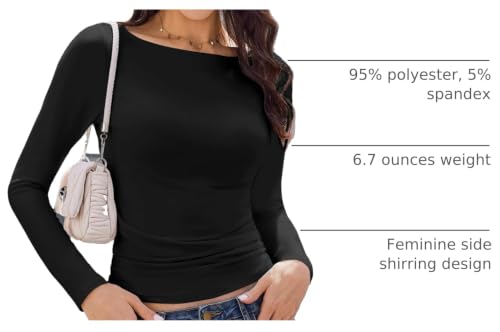 Womens Long Sleeve Thermal Tops - Boat Neck Ruched Shirts - Small, Black