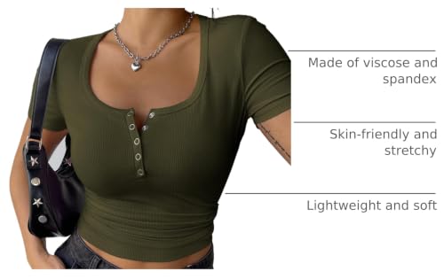 Summer Tops for Women - Short Sleeve Ribbed Knit Tee - Army Green, Medium
