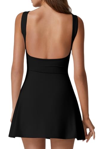 QINSEN Women's Open Back Tennis Dress Small Black Sleeveless Athletic Golf Dress with Pockets