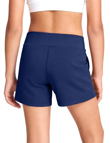 Girls 5'' High Waisted Athletic Shorts with Pockets - Navy Blue, Age 11-12