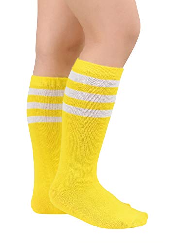 Kids Knee High Soccer Socks - Cotton Sports Stockings, Yellow & White, 1 Pair for Ages 3-6