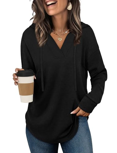 Sampeel Women's Oversized Black V-Neck Hoodie XL Fall Fashion Sweatshirt