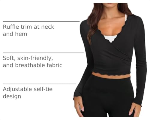 NIASHOT Women's Pilates Workout Long Sleeve Wrap Top - Medium Black