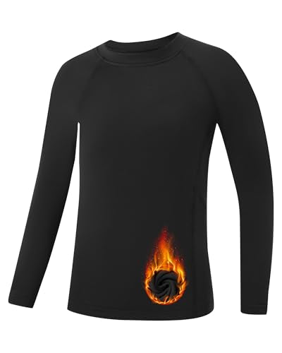 Youth Boys Compression Thermal Shirt - Long Sleeve Fleece Base Layer - Medium Black