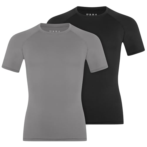 Anawakia Boys Compression Shirt 2 Pack – Short Sleeve Quick-Dry Athletic Tee for Basketball & Football, Black/Gray, Size Small