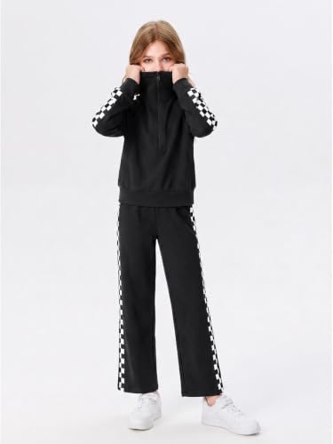 Girls Sweatsuit 2-Piece Zip Long Sleeve Outfit - Checked Black, Age 7-8