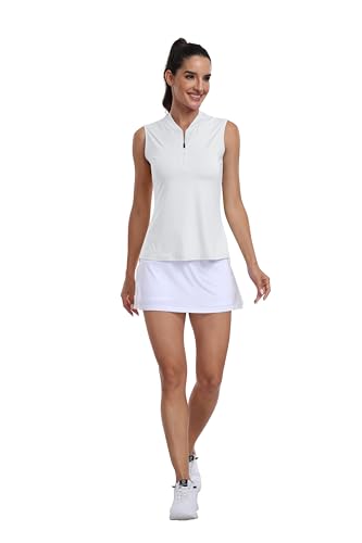 MoFiz Women's Sleeveless Golf Polo Shirt Medium White - 1/4 Zip Tennis Top