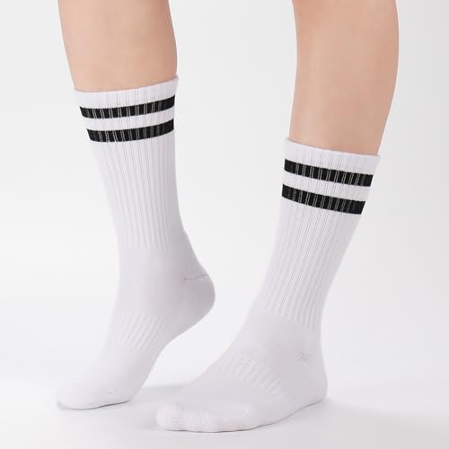Ultrafun X-Large White Striped Crew Socks - Cotton Cushioned Athletic Sports Socks for Men Women Teens