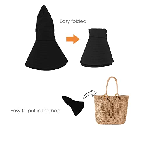 Women's Foldable Beach Bucket Hat with Ponytail Hole - Medium Black