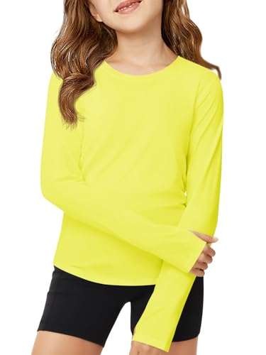 Long Sleeve Athletic Yoga Top for Girls - Lightweight Crewneck Tee with Thumb Holes - Yellow, 13-14 Years