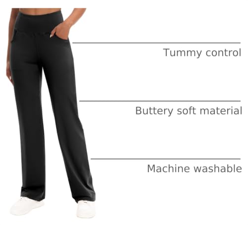 VOOVEEYA 29" Inseam Yoga Pants for Women with Pockets, Tummy Control, Straight Leg Black