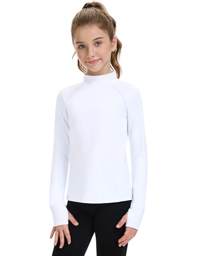 HASMES Girls Long Sleeve Turtleneck Shirt - Kids Athletic Top, 7-8 Years, White