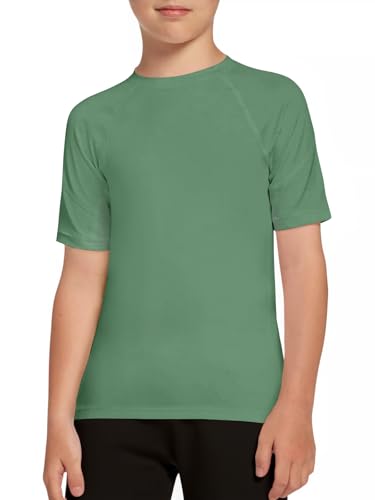 Boys Athletic Compression Shirt - Quick Dry Base Layer, Green, 13-14 Years