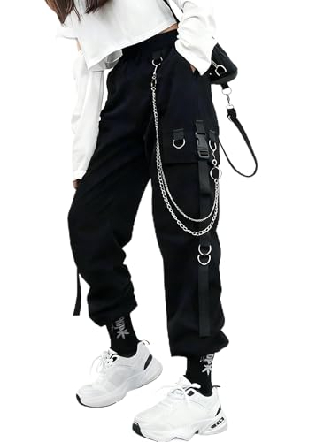 Women's Wide Leg Cargo Pants with Elastic Waist and Chain