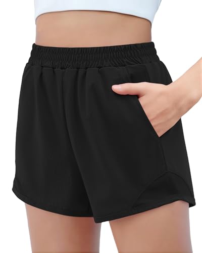 High Waisted Girls Running Shorts - Black, 11-12 Years