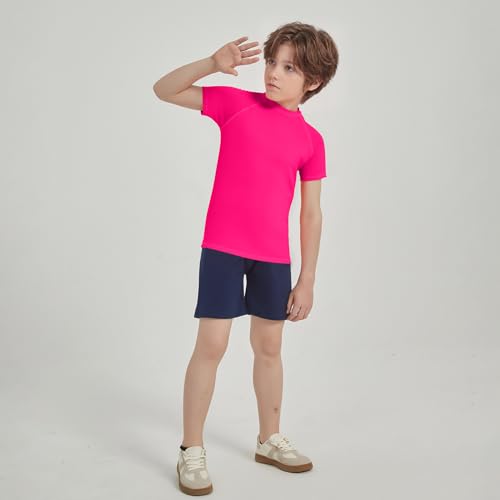 UPF 50+ Kids Rash Guard Short Sleeve Swim Shirt - Hot Pink, Age 7-8
