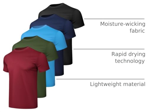 Athletic Workout Shirts for Men - Quick Dry Short Sleeve T-Shirts - X-Large / Black, Navy Blue, Azure, Burgundy, Army Green