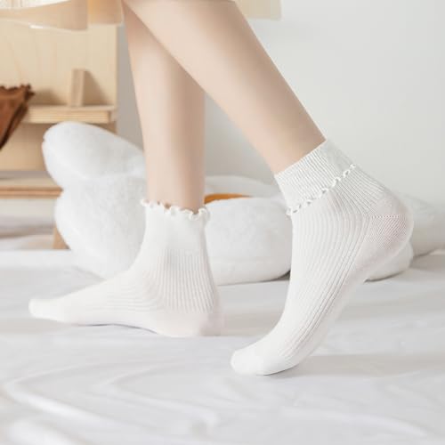 Women's Vintage Ruffle Ankle Socks - 8 Pairs Black, White & Grey