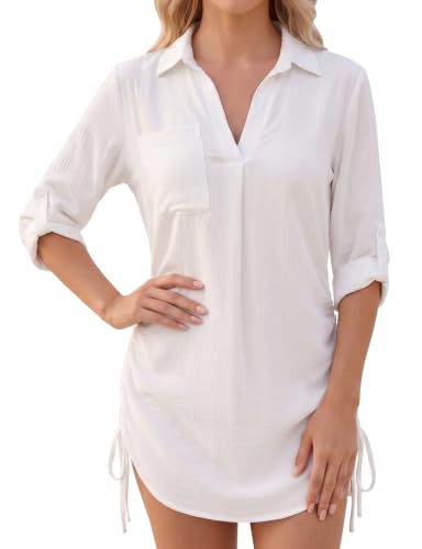 V Neck Drawstring Beach Cover Up Dress for Women - White, Large