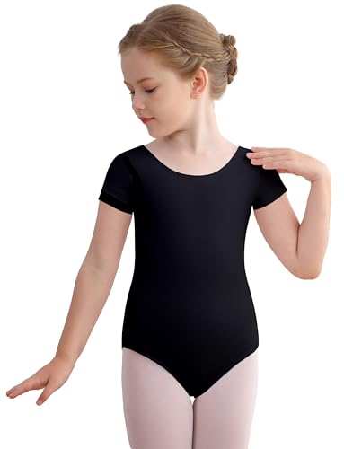 Mecceos Girls Ballet Leotard Short Sleeve Toddler Gymnastics Bodysuit - Black, 6-8 Years