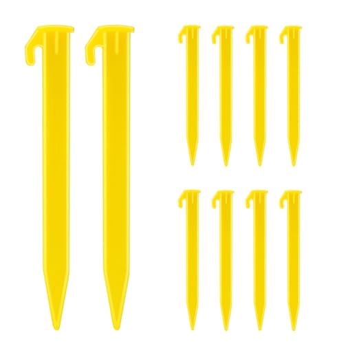 10 Pack Heavy Duty Plastic Tent Stakes - Yellow Camping & Garden Pegs