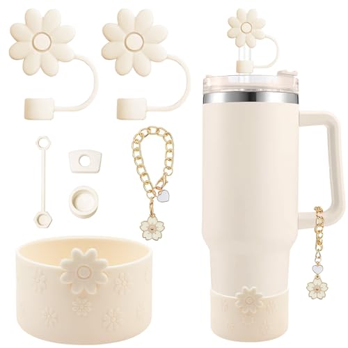 7 Pcs Flower Silicone Accessories Set for Stanley Cups - White