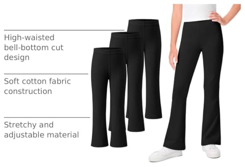 Kereda 3-Pack Girls Uniform Pants, Flare Bell Bottoms Leggings, Black, 9-10 Years