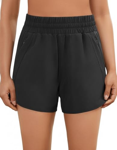 Hooxum Women's High Waist Running Shorts Large Black Quick Dry Athletic Gym Shorts with Zip Pocket