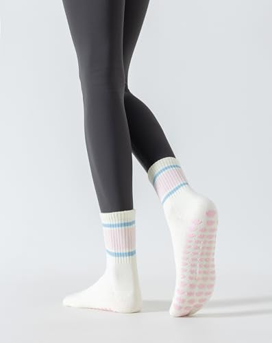 Tuuwjo 2-Pair Pink Cloud Pilates Grip Socks for Women Non-Slip Yoga Socks