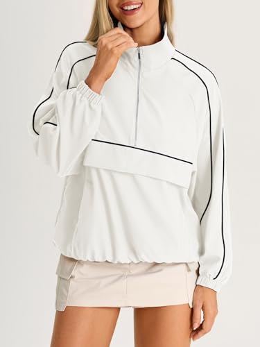 Fisoew Women's White Quarter Zip Windbreaker Jacket UPF 50+ Lightweight Outdoor Pullover with Pocket