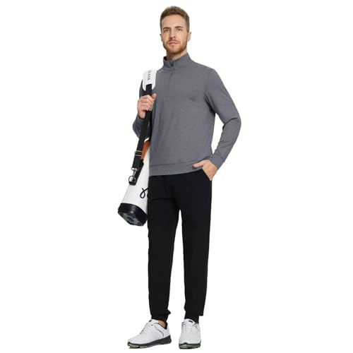Men's Quarter Zip Pullover Golf Sweater - Moisture-Wicking Heather, Large, Black/Grey Heather