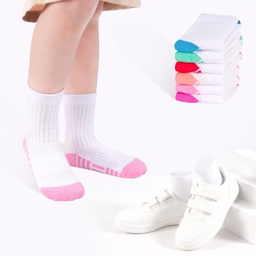 LAETBBE 12 Pairs Girls Crew Athletic Socks Kids Cotton Socks Ages 1-13 10-13 Years / #1 White