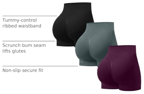 Women’s Seamless Workout Shorts with Scrunch & Lifting Effect - 3 Pack, Black/Dark Grey/Cherry Purple, Medium
