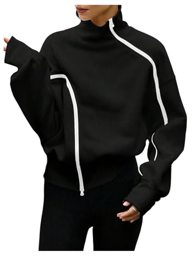 Verdusa Women's Black Medium Asymmetrical Zip Up Sweatshirt High Neck Pullover