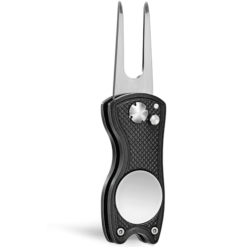 Golf Divot Repair Tool - Foldable Metal with Magnetic Marker - Black Fish