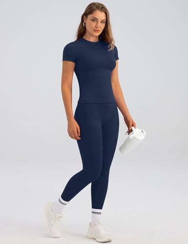 Relety Women's 2-Piece Workout Sets Navy X-Large - Short Sleeve Top & High Waist Leggings