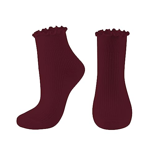Cotton Ankle Socks - Ruffle Crew Style in Wine Red - 1 Pair