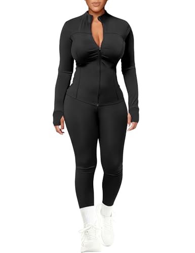 UOUA Women's Black Large 2-Piece Workout Set - Bodycon Gym Tracksuit